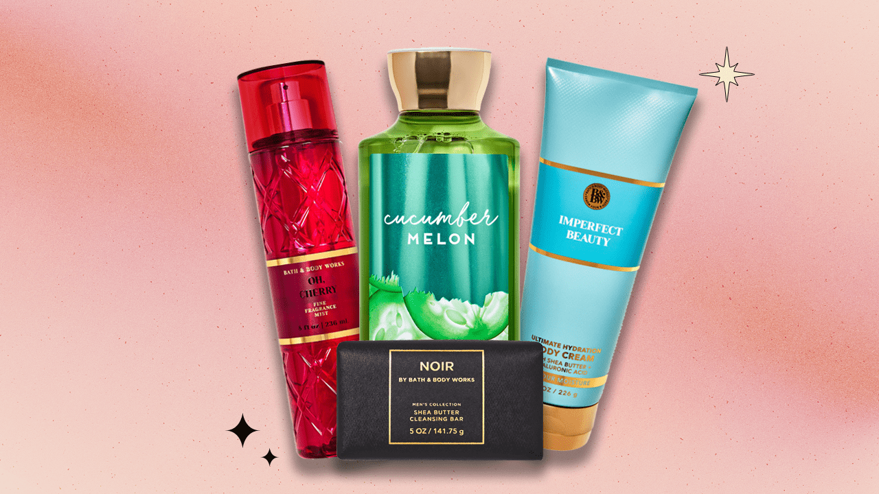 Three Bath & Body Works bodycare and fragrance products and one Bath & Body Works cleansing bar