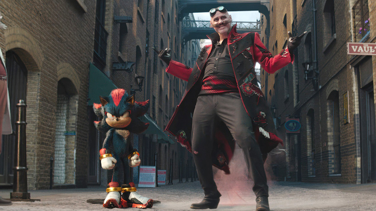 SONIC THE HEDGEHOG 3, from left: Jim Carrey as Dr. Robotnik, Shadow (voice: Keanu Reeves), Jim Carrey as Gerald Robotnik, Lee Majdoub, 2024.