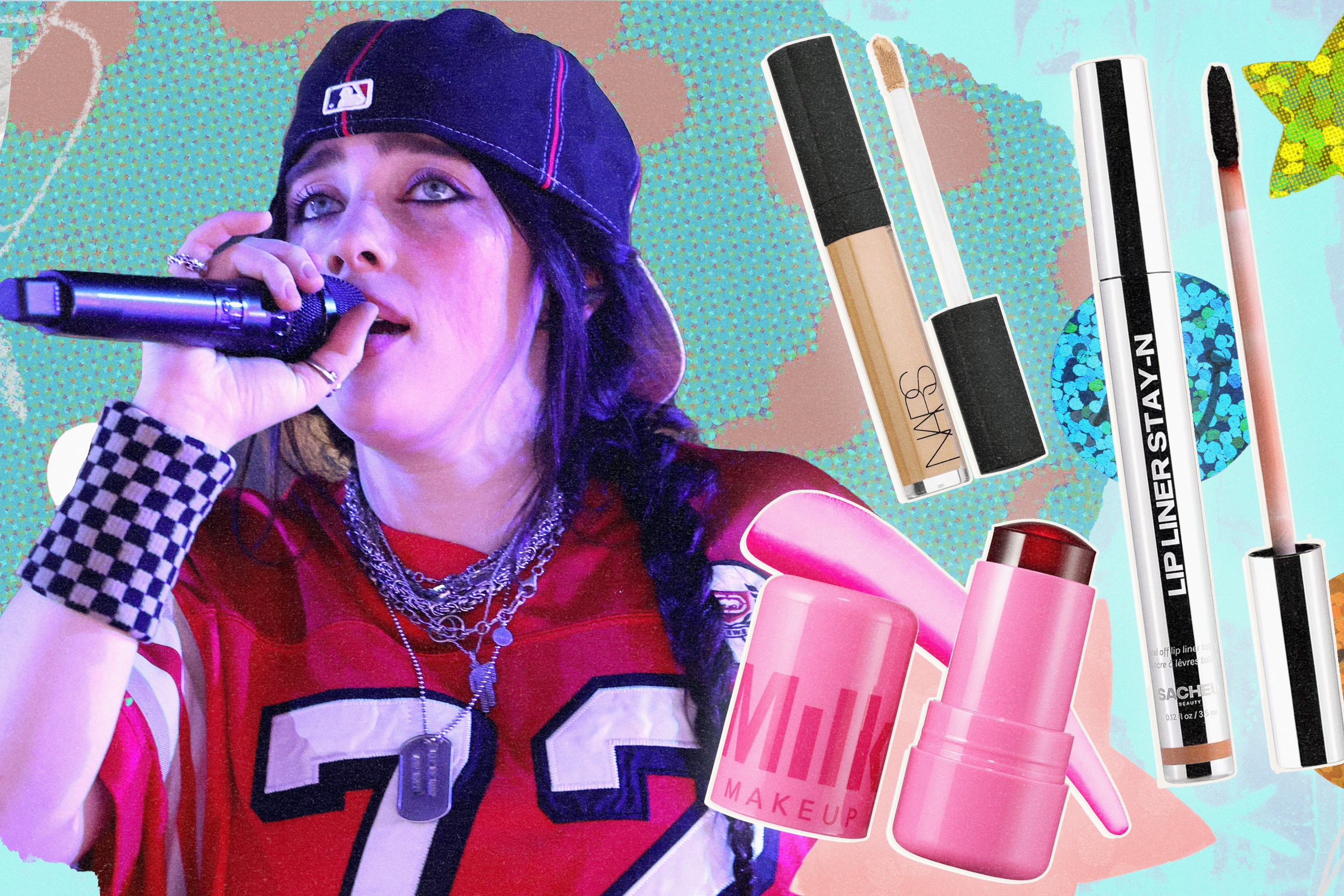 Billie Eilish next to Nars, Milk Makeup, and Sacheu products she uses.