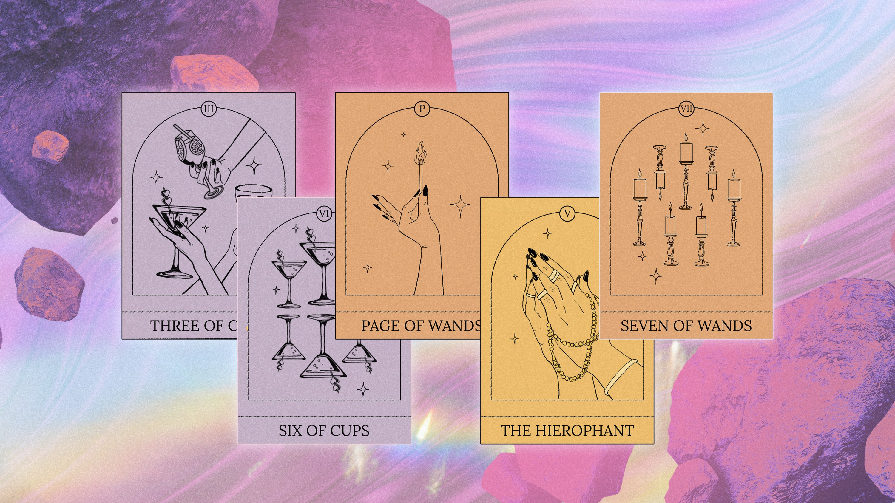 A series of tarot cards over a pink spacey background