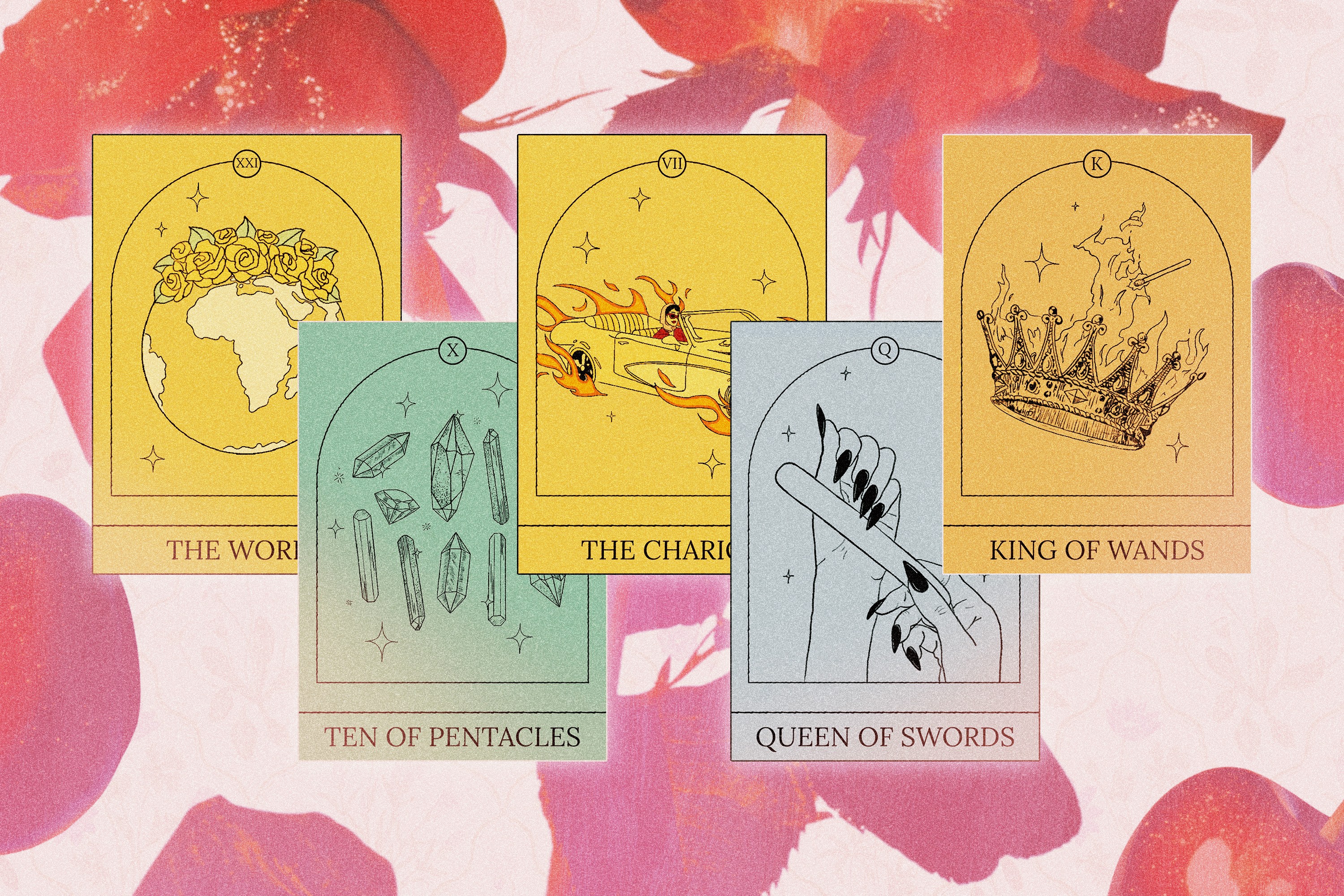 A series of Tarot cards over a background of cherries and red flowers