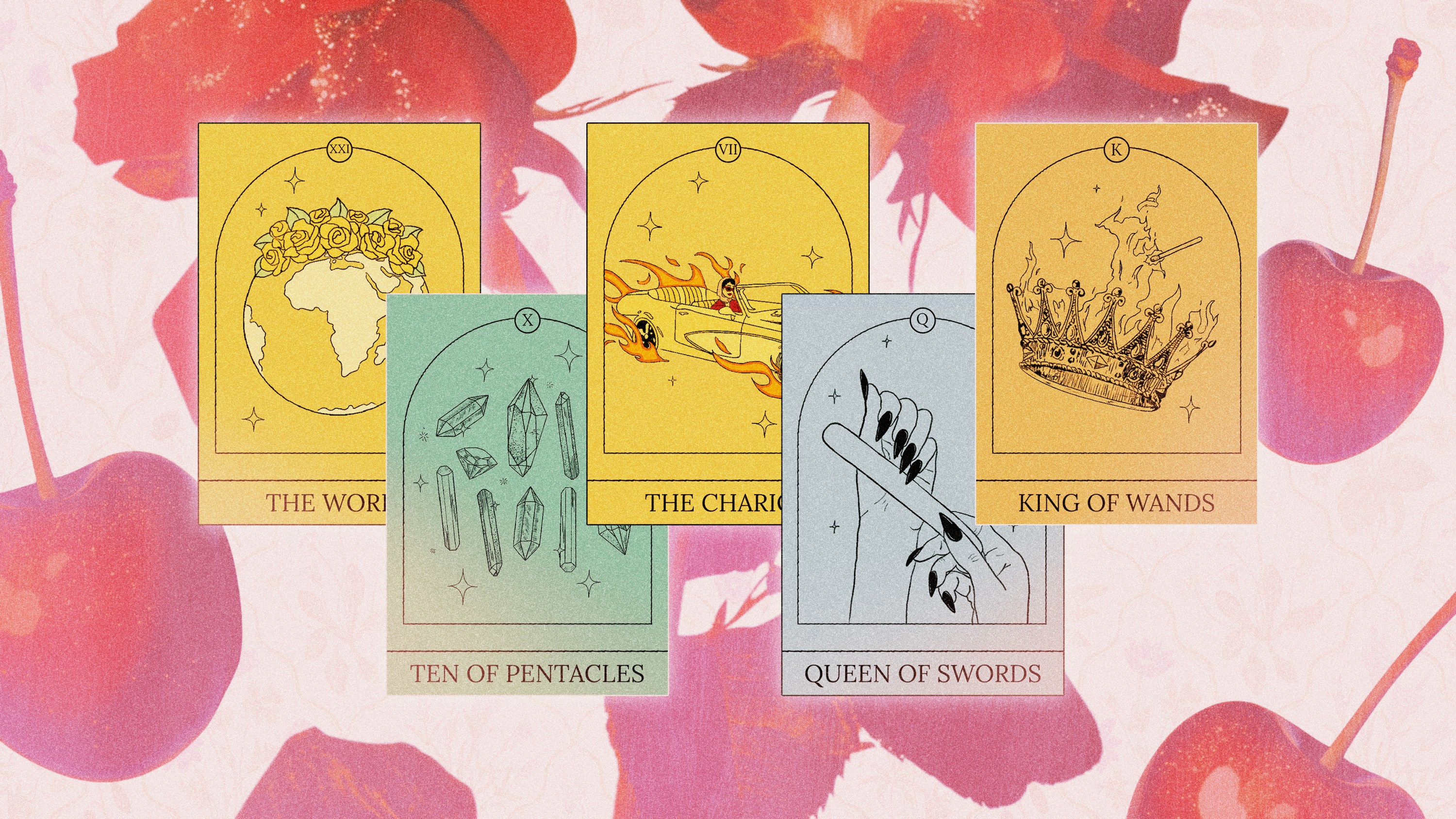 A series of Tarot cards over a background of cherries and red flowers