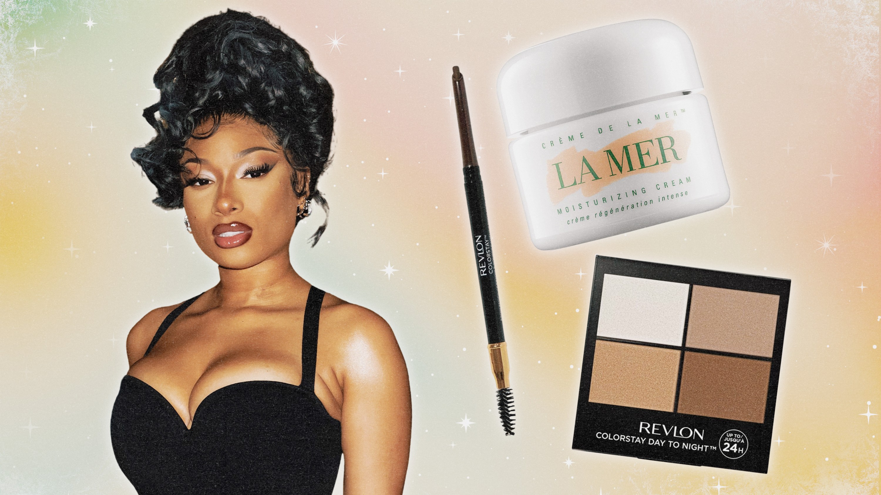 Megan Thee Stallion next to her most used makeup products.