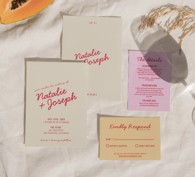 Modern Colorful Retro Fun Whimsical Script Wedding Invitation