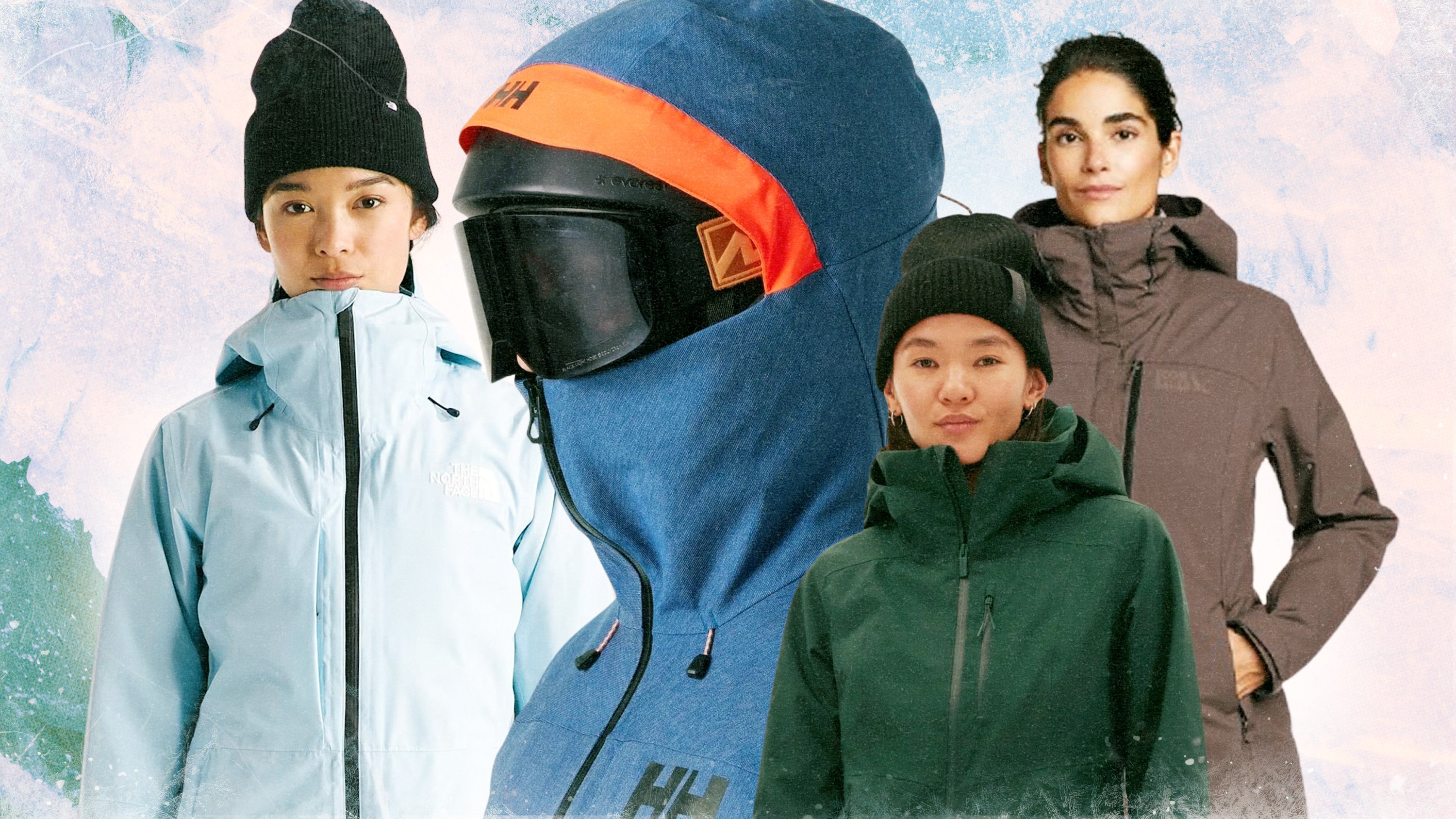 Four models wearing ski jackets from The North Face, Helly Hansen, Halfdays, and Eddie Bauer.