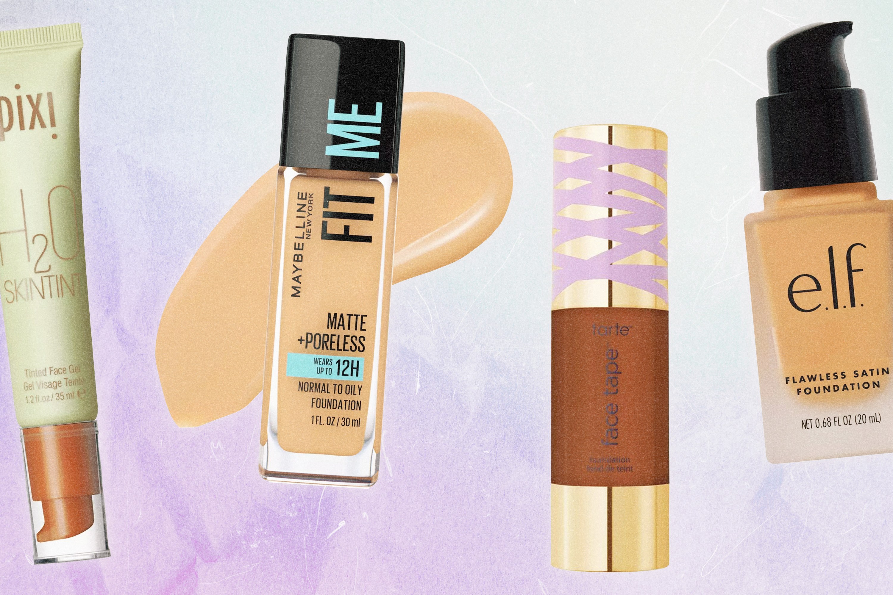 A Pixi foundation, a Maybelline foundation, a Tarte foundation, and an e.l.f. foundation.