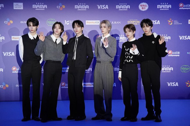 OSAKA, JAPAN - NOVEMBER 22: (EDITORIAL USE ONLY) Taesan, Jaehyun, Woonhak, Leehan, Sungho and Riwoo of boy band BOYNEXTDOOR arrive at the 2024 MAMA Awards - Chapter 1 at Kyocera Dome on November 22, 2024 in Osaka, Japan.