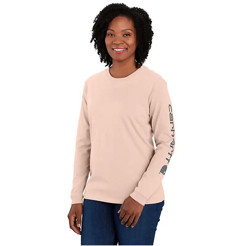 Carhartt Loose Fit Heavyweight Long-Sleeve Logo Sleeve Graphic T-Shirt in light pink-peach colorway