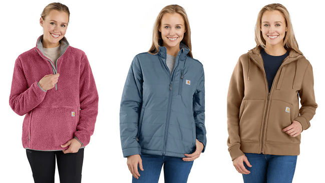 Three models wearing Carhartt jackets.