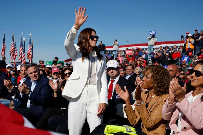 LITITZ, PENNSYLVANIA - NOVEMBER 03: Former NASCAR driver Danica Patrick is introduced by Republican presidential nominee, former U.S. President Donald Trump during a campaign rally at Lancaster Airport on November 03, 2024 in Lititz, Pennsylvania. With only two days until the election, Trump is campaigning for re-election on Sunday in the battleground states of Pennsylvania, North Carolina and Georgia.