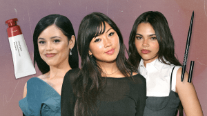 Jenna Ortega, Beabadoobee, and Ariana Greenblatt next to Glossier and Revlon makeup products.