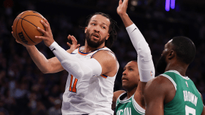 Jalen Brunson #11 of the New York Knicks looks to pass against Jaylen Brown #7 of the Boston Celtics in the first quarter of Game Six of the Eastern Conference Second Round NBA Playoffs at Madison Square Garden on May 16, 2025 in New York City.