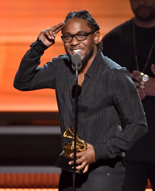 LOS ANGELES, CA - FEBRUARY 15:  Recording artist Kendrick Lamar accepts the Best Rap Album award for 'To Pimp a Butterfly' onstage during The 58th GRAMMY Awards at Staples Center on February 15, 2016 in Los Angeles, California.