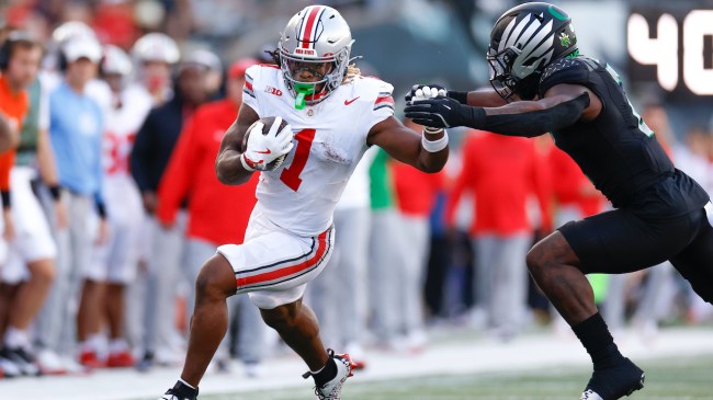 EUGENE, OREGON - OCTOBER 12: Quinshon Judkins #1 of the Ohio State Buckeyes carries the ball on a running play during the first half against the Oregon Ducks at Autzen Stadium on October 12, 2024 in Eugene, Oregon. (Photo by Brandon Sloter/Image Of Sport/Getty Images)