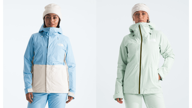 Two models wearing The North Face ski jackets