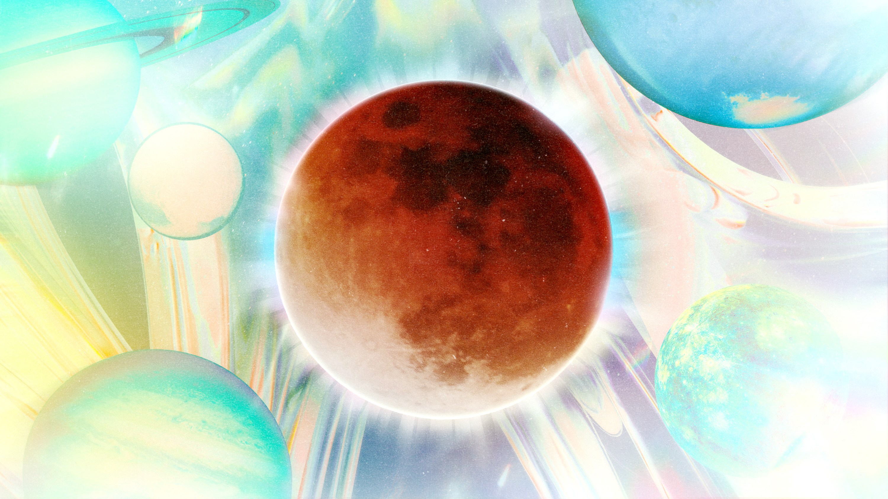 A total lunar eclipse and full moon in front of a cosmic backdrop with other planets and celestial bodies included. in blue hues