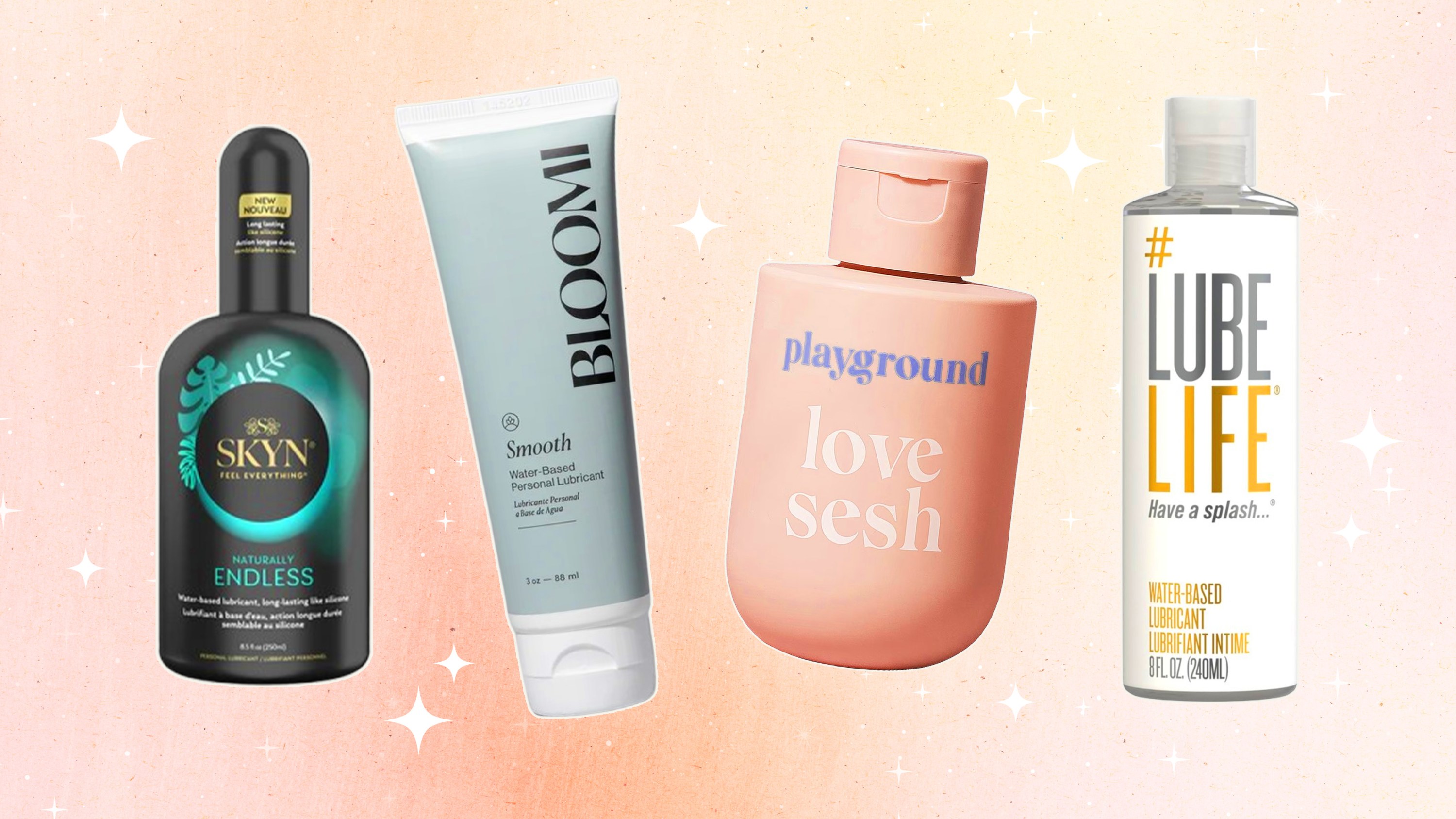 A collage of various lubricants against a pink background.