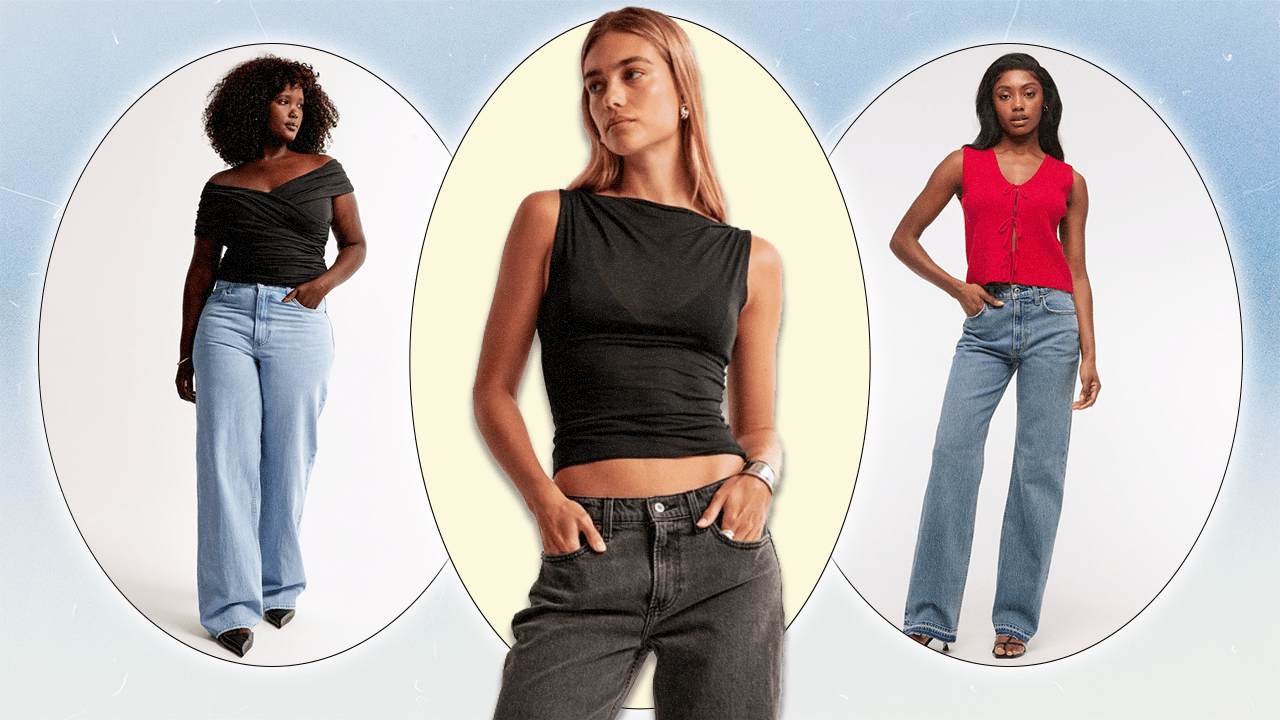 Three models wearing Abercrombie & Fitch jeans and tops