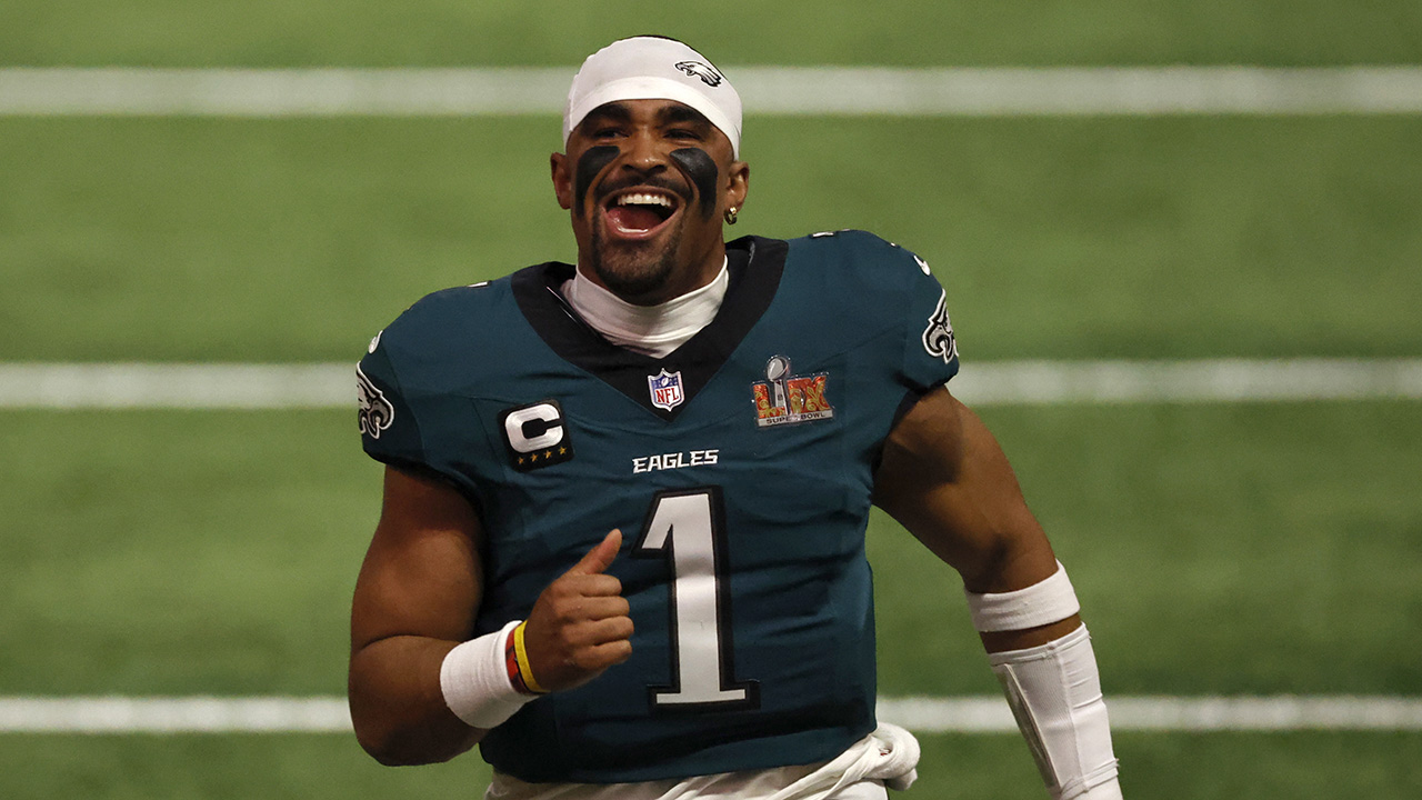 NEW ORLEANS, LA - FEBRUARY 09: QB Jalen Hurts #1 of the Philadelphia Eagles runs on the field prior to the start of Super Bowl LIX between the Philadelphia Eagles and the Kansas City Chiefs on February 09, 2025, at the Caesars Superdome in New Orleans, LA.