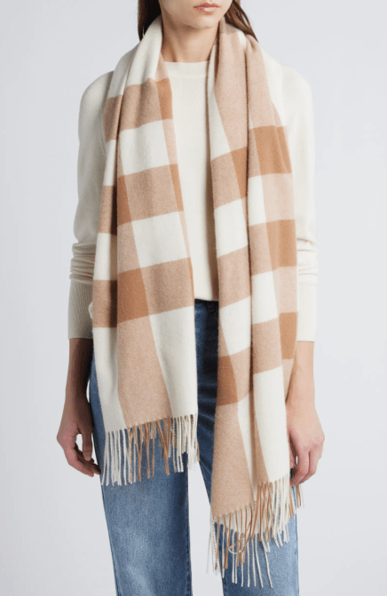 Nordstrom Buffalo Check Cashmere Scarf in tan and oatmeal plaid colorway