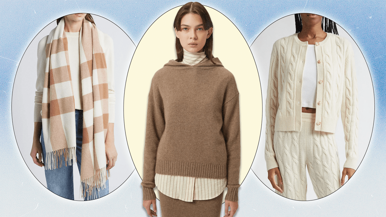 Left to Right: a model wearing a Nordstrom beige and white checkered cashmere scarf; a model wearing a GOBI Mongolian Cashmere taupe hooded cashmere sweater; a model wearing a Sporty & Rich cream button-down cable-knit cardigan sweater