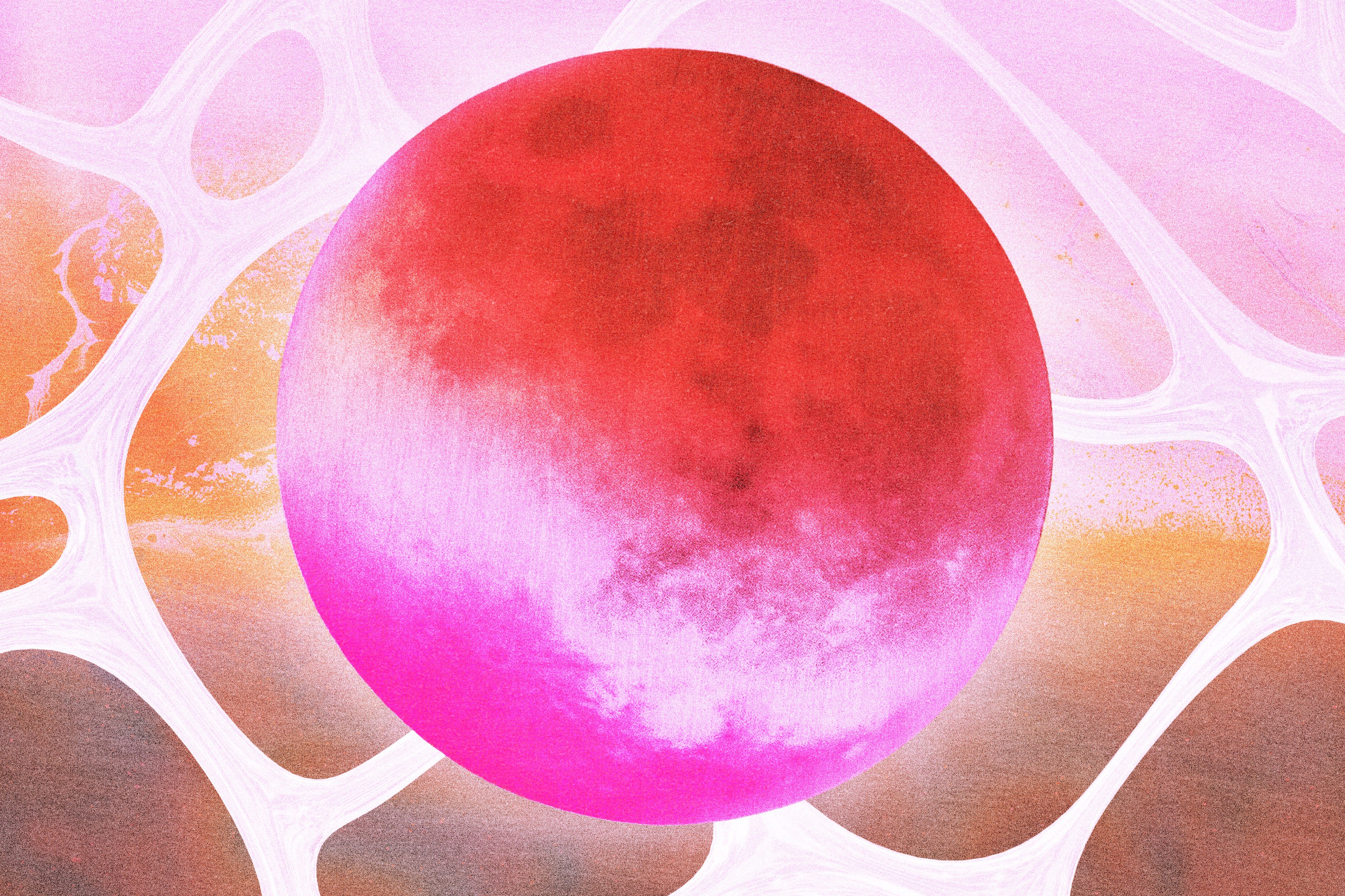 A full moon and lunar eclipse in hot pink and red hues