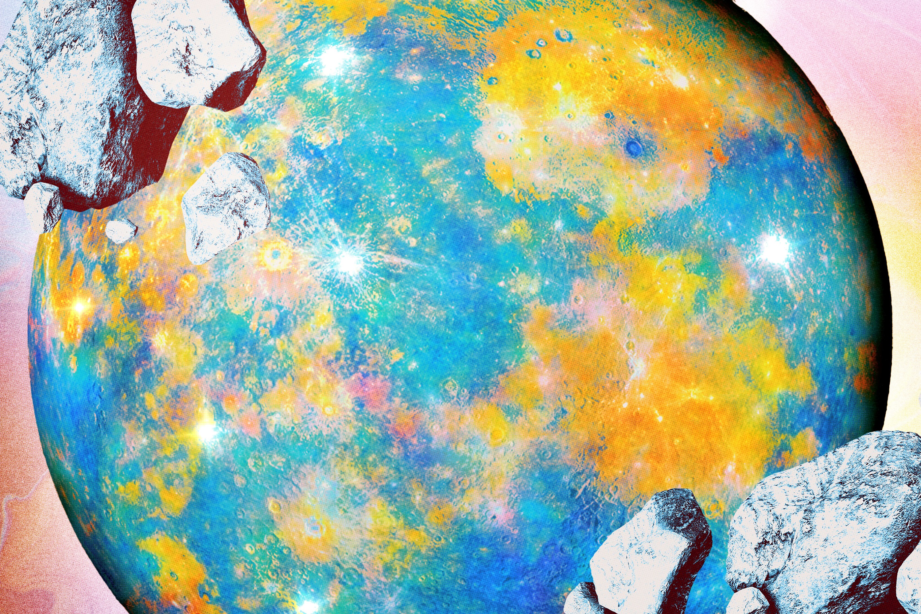 Planet Mercury in bright neon colors, surrounded by floating comets.