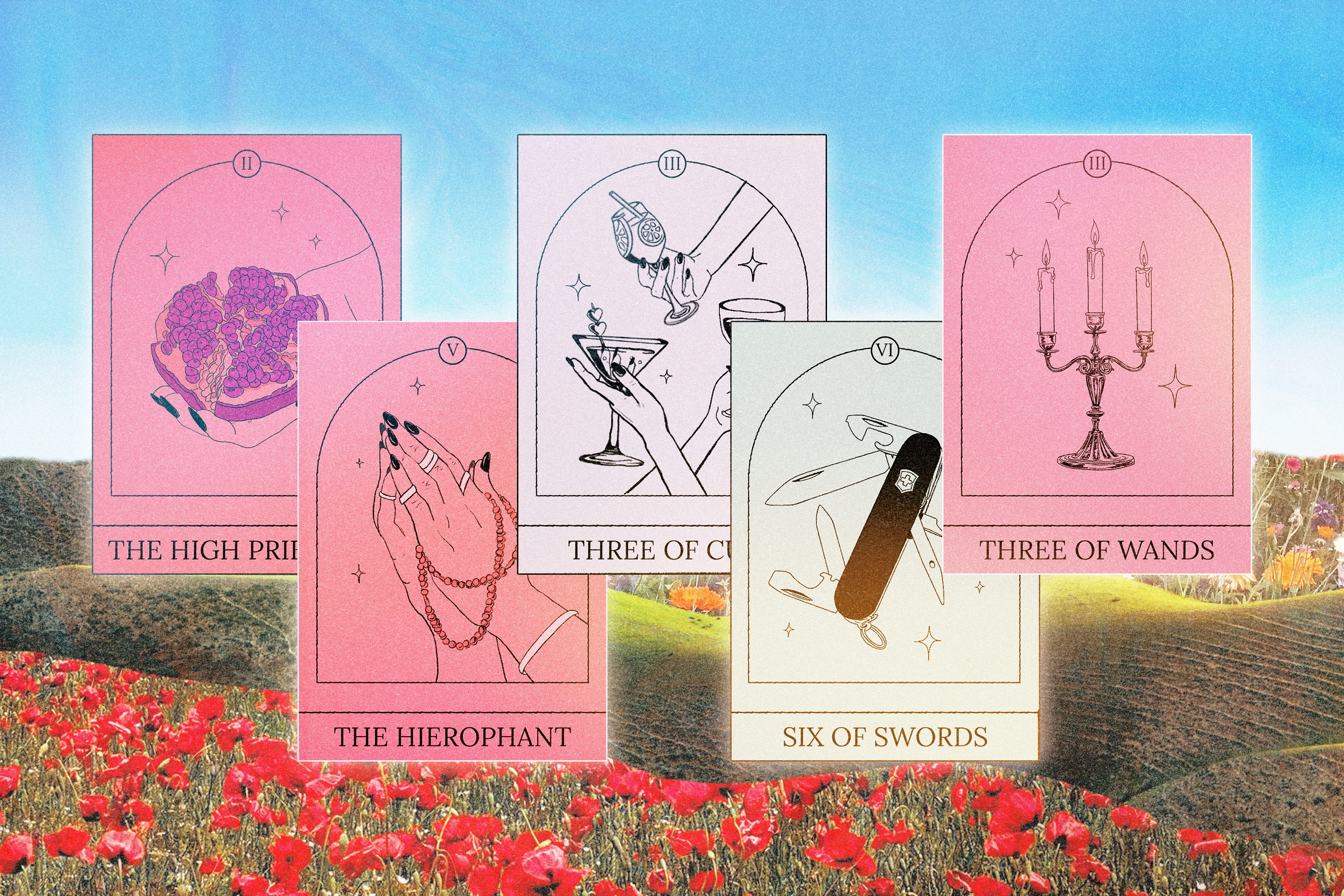 A spread of Tarot cards over over a spring background
