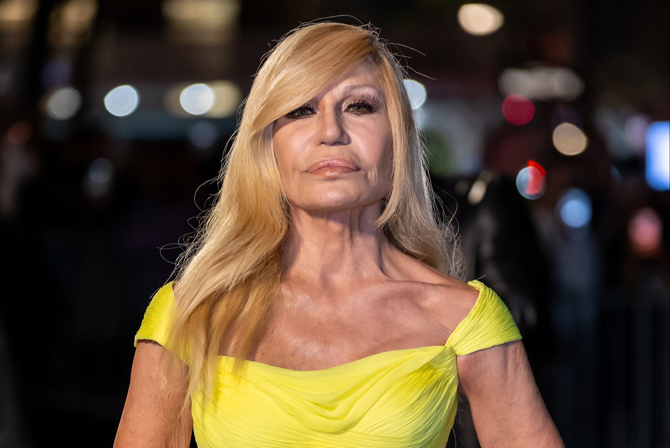 Fashion designer Donatella Versace is seen arriving to the Clooney Foundation for Justice's The Albies at New York Public Library on September 26, 2024 in New York City.