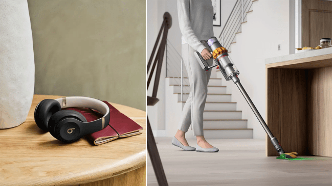 Left: black and gold Beats by Dre headphones on a table; Right: a woman cleaning with a Dyson cordless stick vacuum in a home.