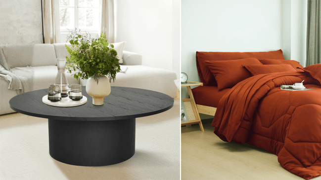 Left: a black pedestal coffee table in the middle of a living room; Right: a bed with burnt orange bedding.