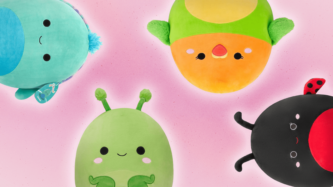 A blue turtle Squishmallow, a green praying mantis Squishmallow, a green and orange lovebird Squishmallow, and a ladybug Squishmallow