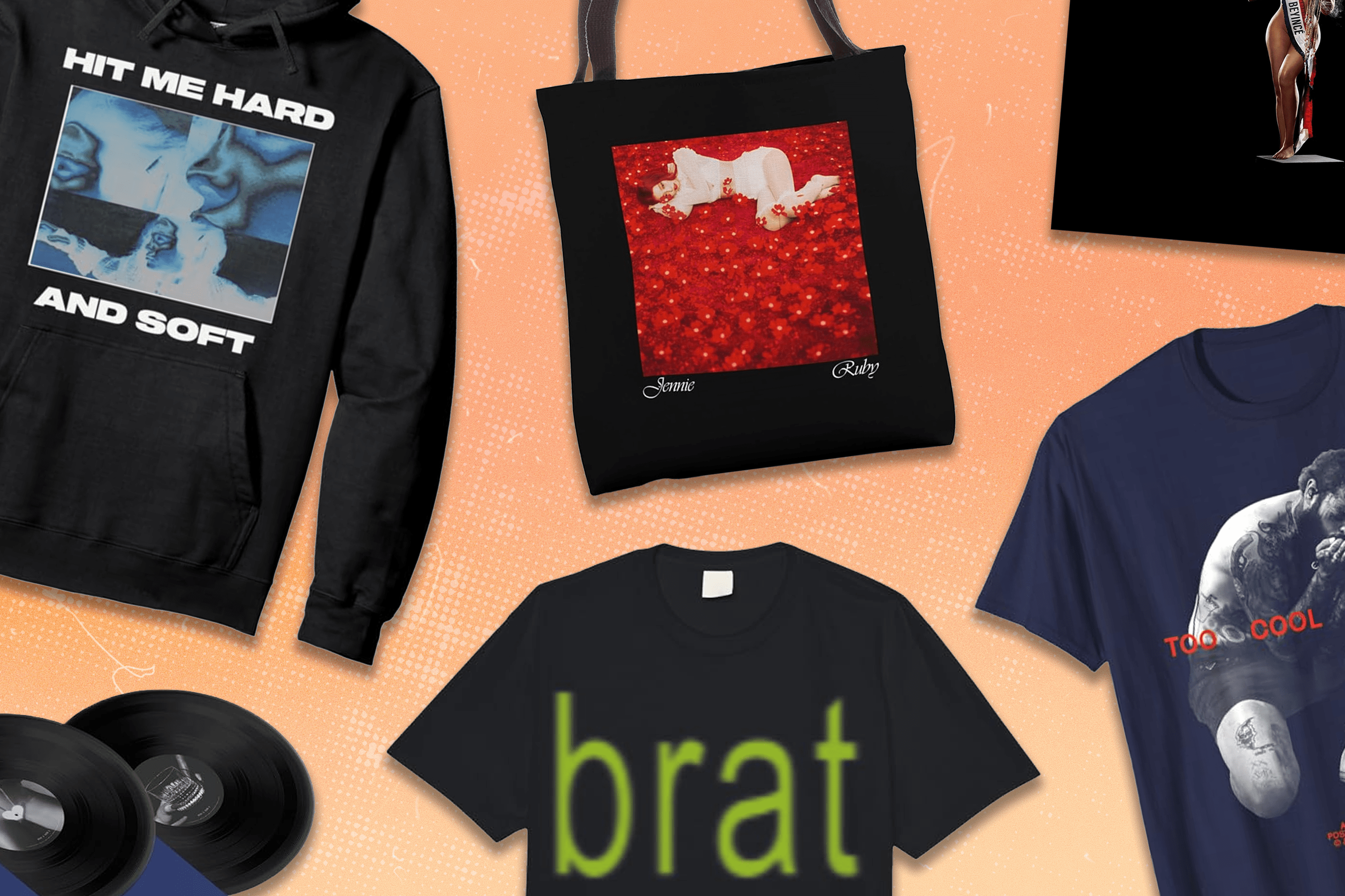 A Billie Eilish Hit Me Hard And Soft black hoodie sweatshirt, a Beyoncé Cowboy Carter black vinyl record, a JENNIE black and red tote bag, a Charli xcx black and green "Brat" T-shirt, a Beyoncé Cowboy Carter audio CD, and a dark blue Post Malone Too Cool to Die T-shirt.