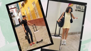 Two photos of writer Jenzia Burgos standing with Quince's Small Carry-On Suitcase in Tan