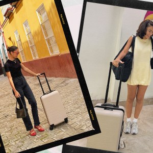 Two photos of writer Jenzia Burgos standing with Quince's Small Carry-On Suitcase in Tan
