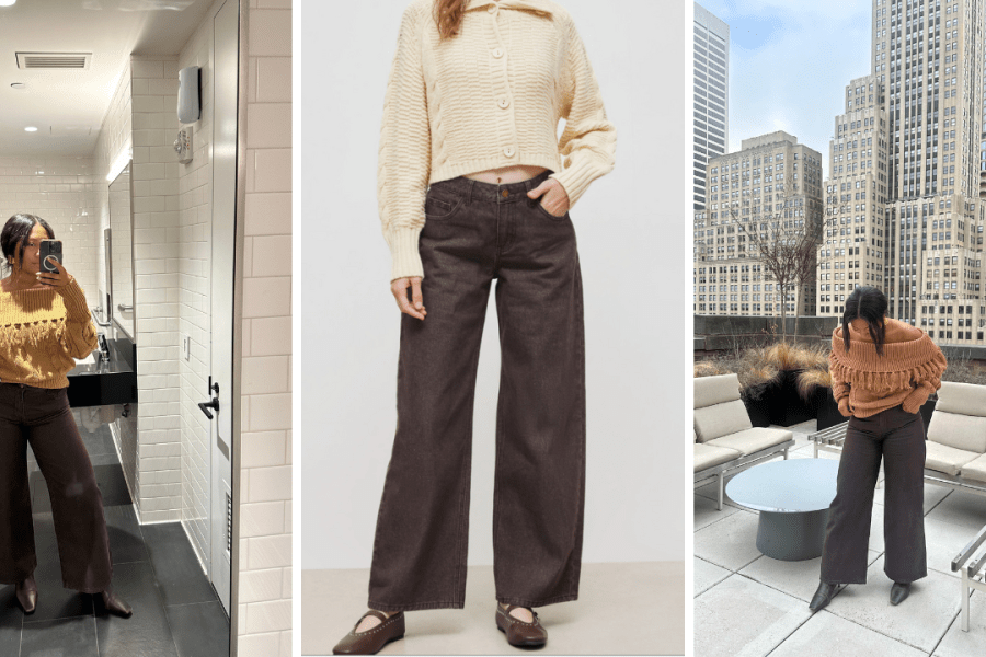 Robyn is wearing Cider's Denim Low Rise Solid Pocket Baggy Jeans in Coffee.