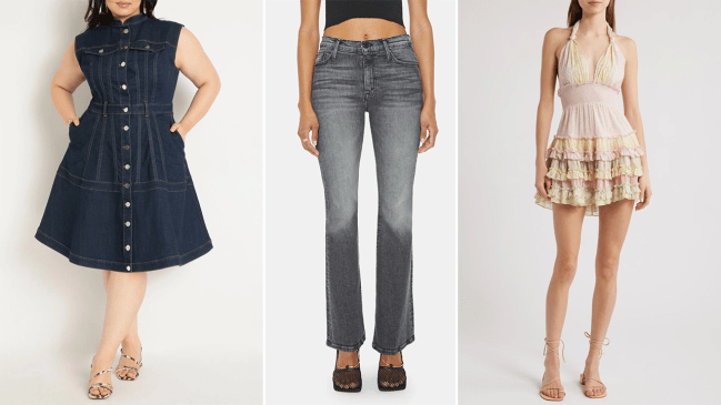 Left to Right: a model wearing an Eloquii denim midi dress; a model wearing MOTHER Denim jeans in a dark gray wash; a model wearing a ruffled, multicolor LoveShackFancy dress.