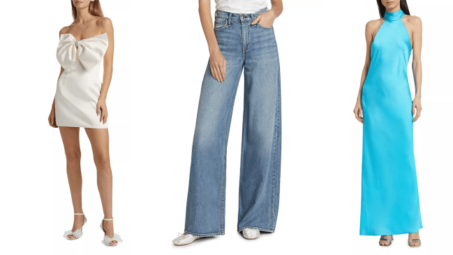 Left to Right: a Saks model wearing a white mini dress witha bow; a Saks model wearing Rag & Bone blue jeans; a Saks model wearing an aqua Ramy Brook maxi dress.