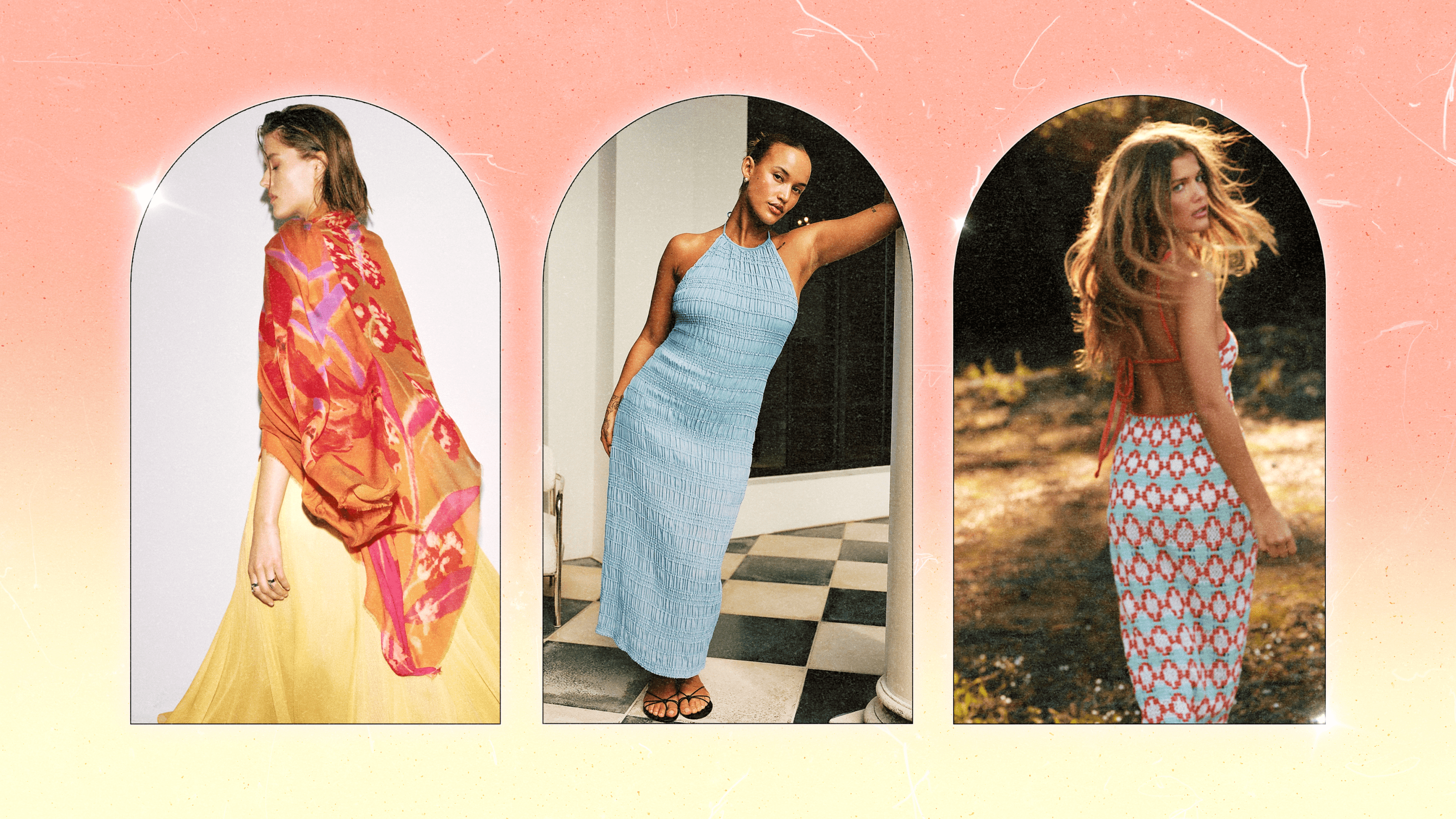 Left to Right: a Zara model wearing a yellow maxi dress and a multi-color scarf; an Abercrombie model wearing a blue ruched halterneck maxi dress; a Zara model wearing a multi-color knit patterned dress.