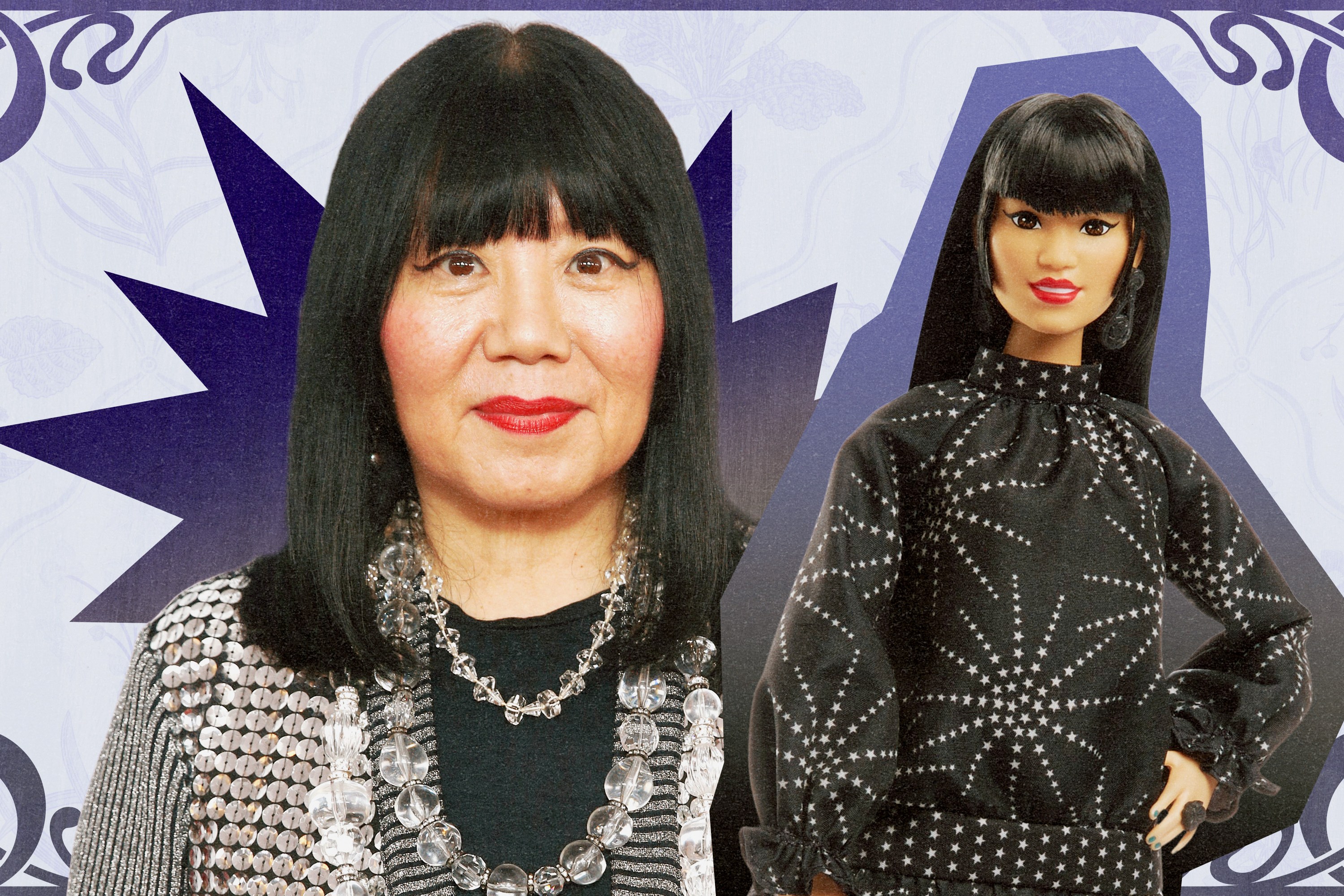A collage of Anna Sui and a doll.