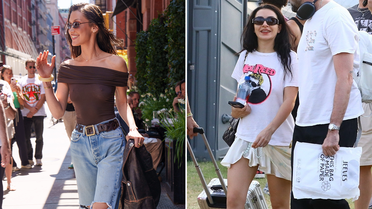 Left: Bella Hadid is seen on April 28, 2025 in New York City; Right: Charli xcx walking around the polo grounds at Coachella 2025.