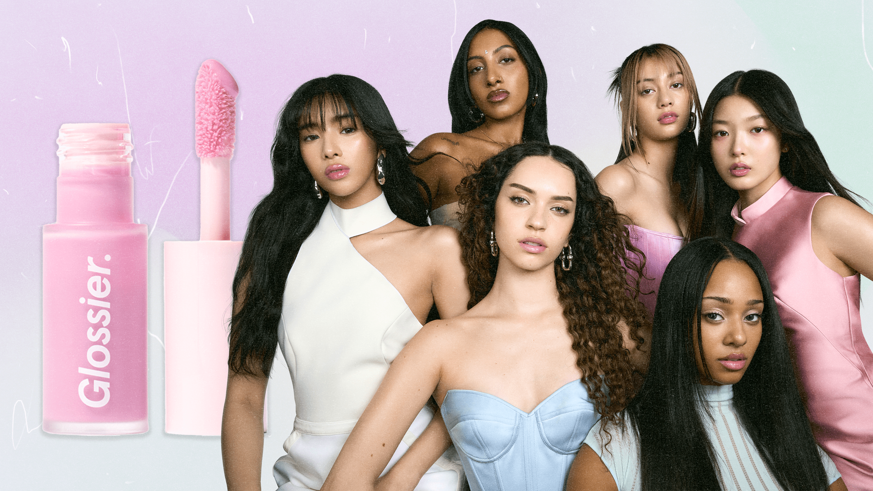 Members of Katseye next to the Glossier Lip Glaze.