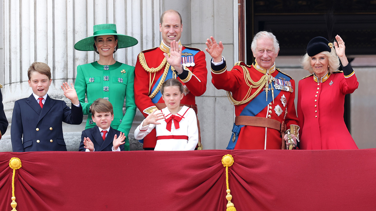 LONDON, ENGLAND - JUNE 17: King Charles III and Queen Camilla wave alongside Prince William, Prince of Wales, Prince Louis of Wales, Catherine, Princess of Wales and Prince George of Wales on the Buckingham Palace balcony during Trooping the Colour on June 17, 2023 in London, England. Trooping the Colour is a traditional parade held to mark the British Sovereign's official birthday. It will be the first Trooping the Colour held for King Charles III since he ascended to the throne.