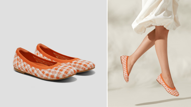 Right: a product shot of the Vivaia Claire Round-Toe Flats in Citrus Orange Gingham colroway; Left: a model jumping in the air wearing the Vivaia Claire Round-Toe Flats in Citrus Orange Gingham colorway.