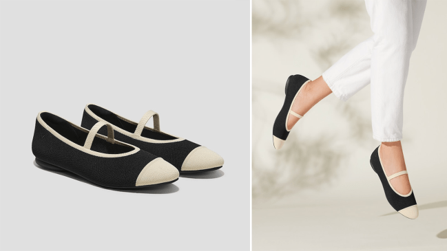 Left: a product shot of the Vivaia Almond-Toe Mary-Jane (Tamia Mary-Jane) in a black and off-white colorway; Right: a model jumping in the air wearing the Vivaia Almond-Toe Mary-Jane (Tamia Mary-Jane) in a black and off-white colorway.