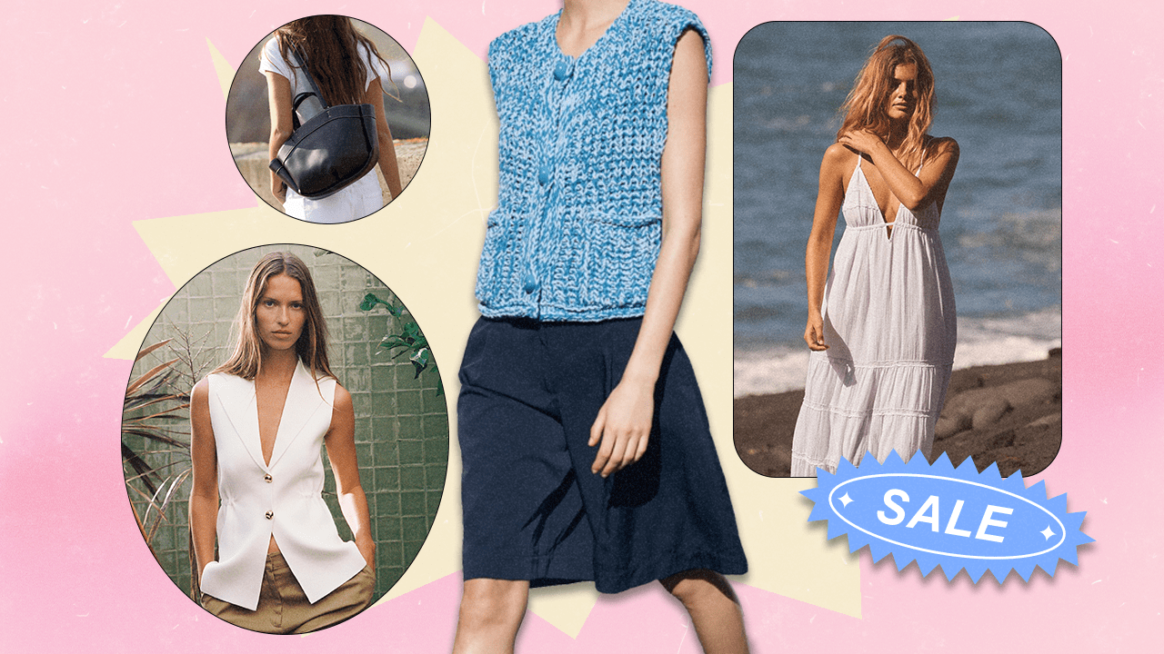 Four models wearing Zara clothing (bag, white vest top, blue knit vest, and white gauze maxi dress).