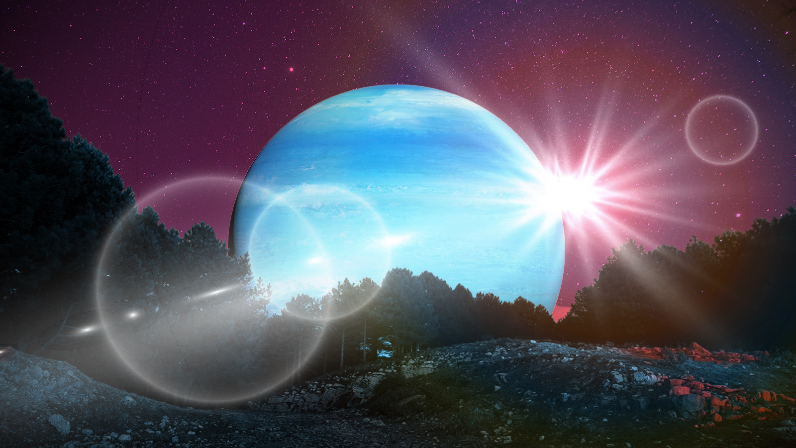 Planet Neptune rising over a forest and a night sky