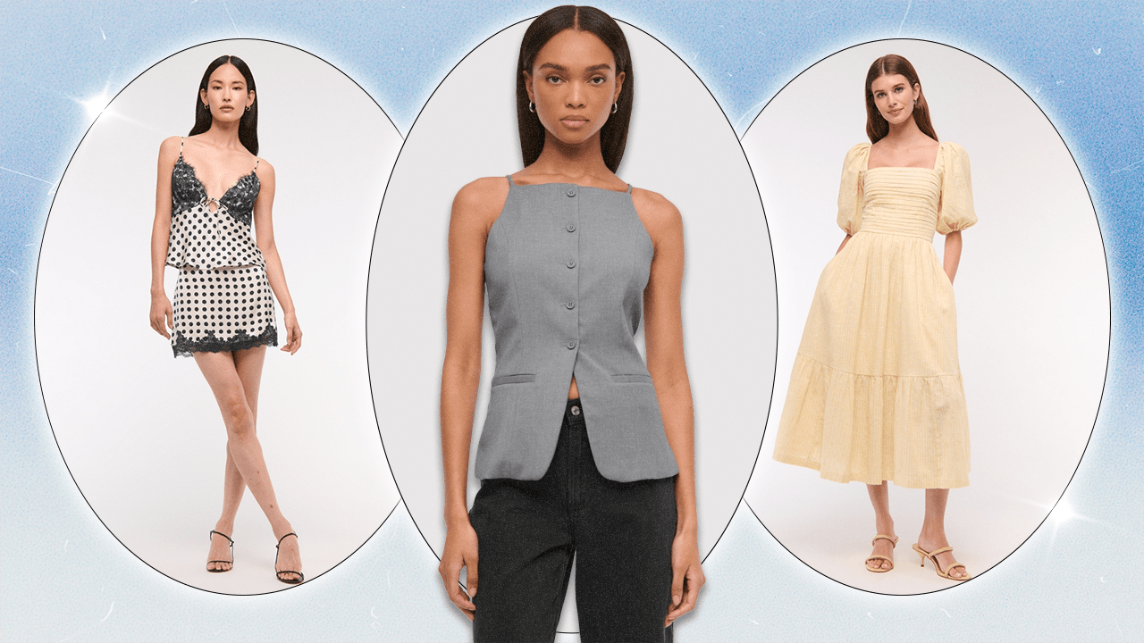 Left to Right: an Abercrombie model wearing a cream polka dot matching set; an Abercrombie model wearing a gray high-neck suiting vest top; an Abercrombie model wearing a butter yellow puff-sleeve midi dress.