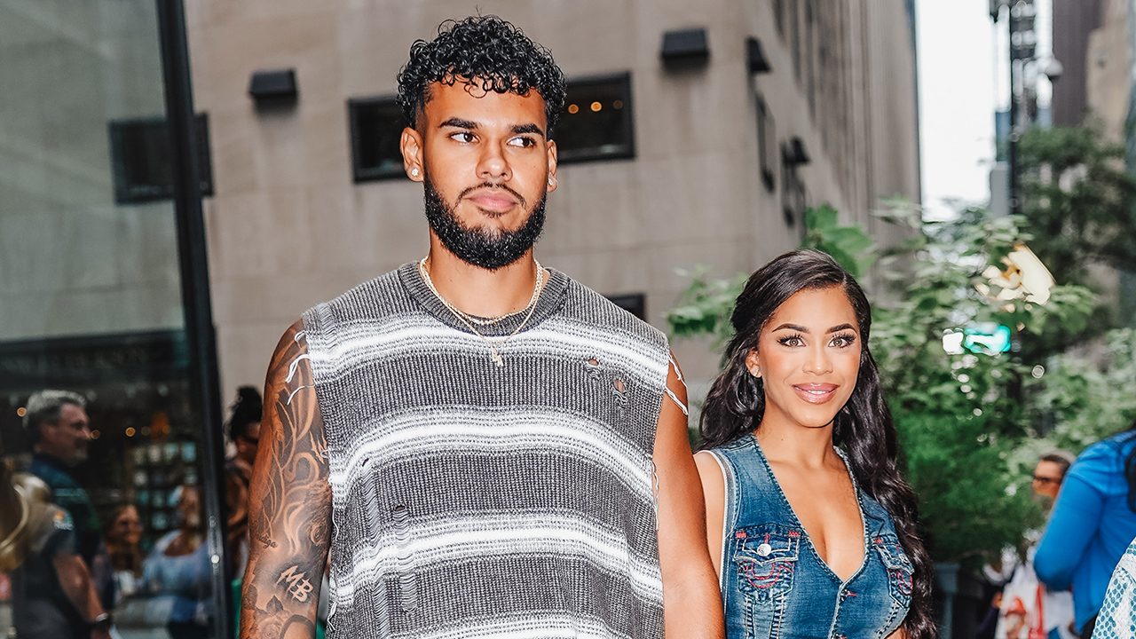 NEW YORK, NY - AUGUST 14: Bryan Arenales and Amaya Espinal of "Love Island" are seen on August 14, 2025 in New York City.