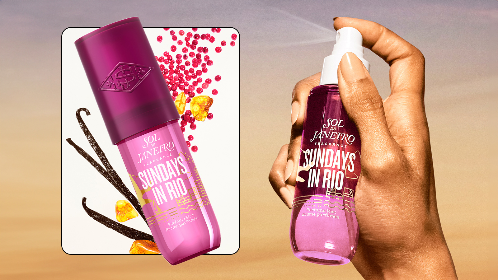 A product image of Sol de Janeiro's Sundays in Rio Perfume Mist next to a hand spraying the perfume mist